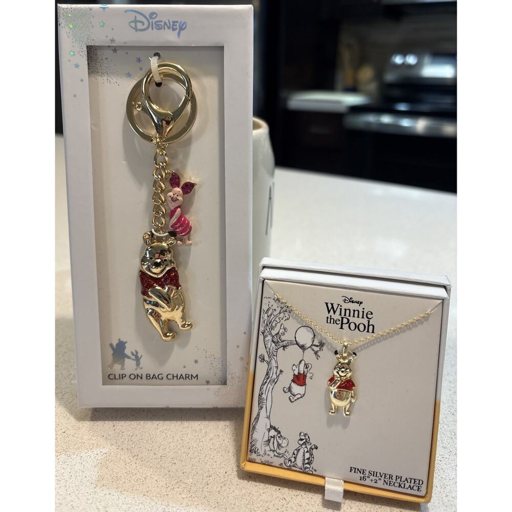 NIB Disney Winnie The Pooh Necklace Gold Tone Fine Silver Plated & Bag Charm Set